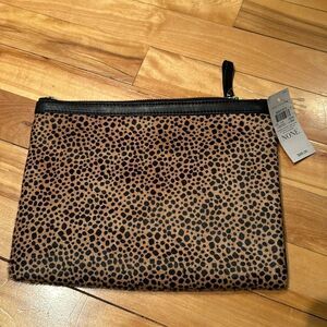 Ann Taylor brown calf hair leather animal print zipper closure clutch. NWT.